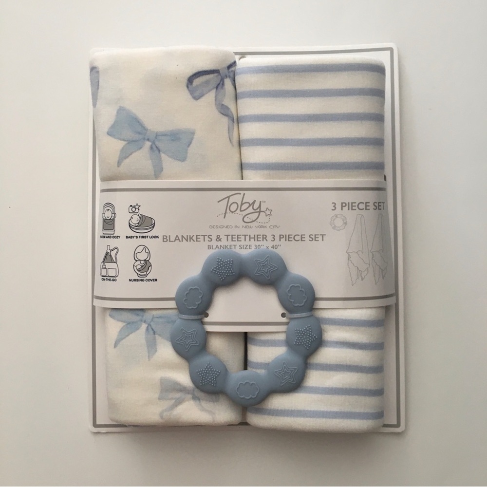 NEW 2 Baby Blankets and Teether Blue Bows and Stripes Multi-use Baby Gift | Toby